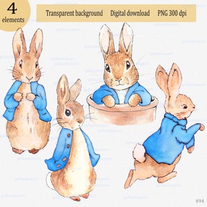 Set of 4 Peter Rabbits in blue jackets for sublimation, watercolor clipart PNG, Beatrix Potter illustration, Flopsy Bunny, transparent bg