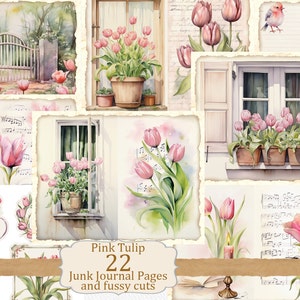 Watercolor Pink Tulip Junk Journal pages, Floral illustration kit, Vintage Printable Paper, Digital Collage Sheet, Botanical Flower Ephemera