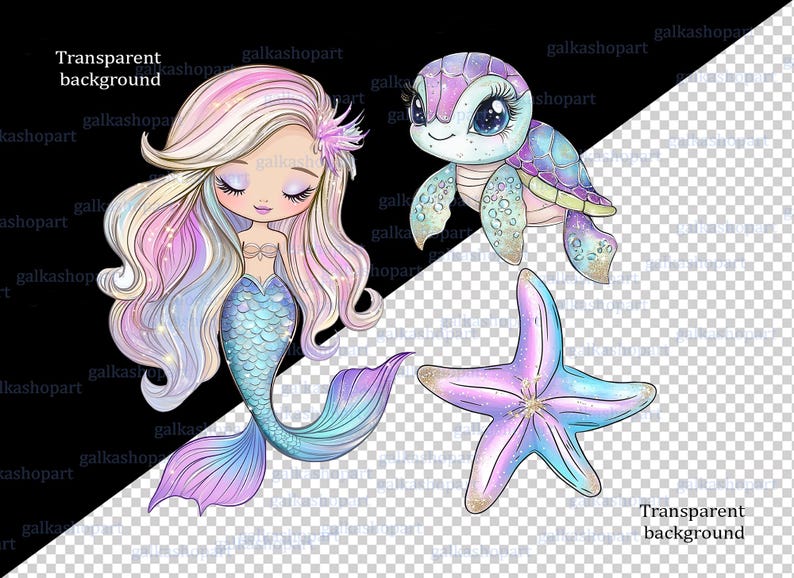 Mermaid Clipart PNG Bundle, Watercolor Ocean Princess Characters ...