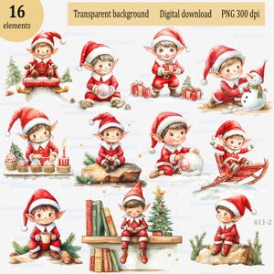 PNG-clipart van kerstelf zittend op de plank; spelen met sneeuwbal; sneeuwpop maken, cake maken; warme chocolademelk drinken, rodelen; Helper van de kerstman