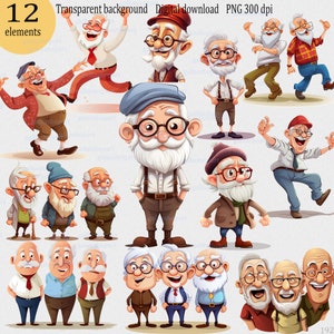 Funny Old man 12 PNG Clipart: Old Aged People, Watercolor Happy men, Cute cartoon grandfather, Gift for Grandpa, Elderly Clip Art set image 1