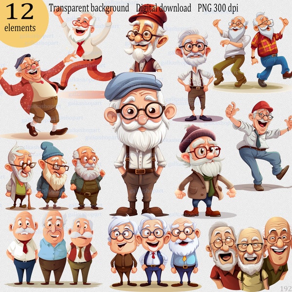 Funny Old man 12 PNG Clipart: Old Aged People, Watercolor Happy men, Cute cartoon grandfather, Gift for Grandpa, Elderly Clip Art set