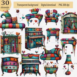 気まぐれなビンテージ家具の PNG デザイン 30 個セット: ミックス メディア クリップアート、フォーク スタイル、インテリア アイテム グラフィック、印刷可能なイラスト