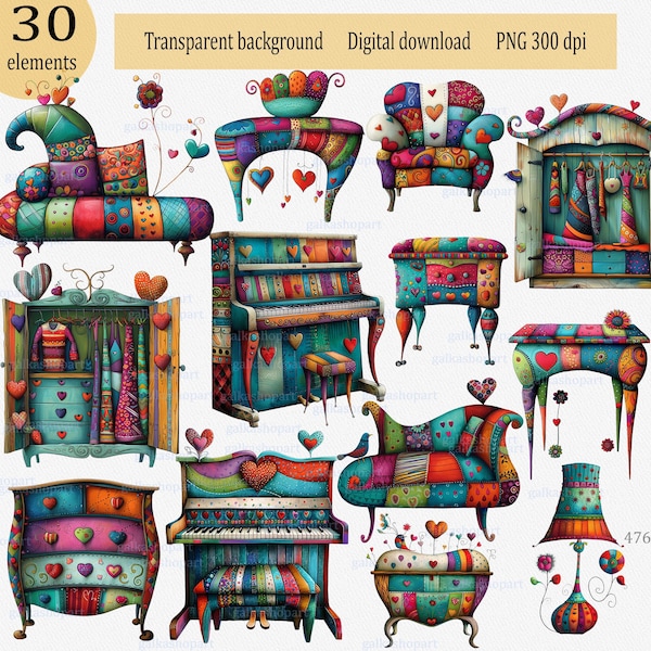 Set of 30 PNG designs with Whimsical vintage furniture: Mixed media clipart, Folk style, Interior items graphics, Printable illustration