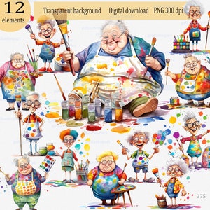 Artistas ancianos divertidos: conjunto de 12 diseños de sublimación de ancianas y ancianos clipart PNG, abuela y abuelo de dibujos animados con pintura