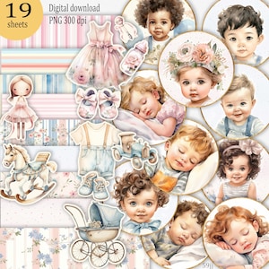 Bebês fofos, kit de itens para scrapbooking para impressão: adesivo para topo, artesanato em papel, cartão para fazer chá de bebê, primeiro aniversário, etiqueta de círculo com corte felpudo