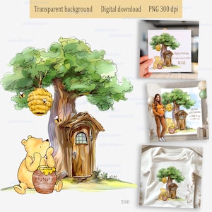 Classico Winnie the Pooh con vaso di miele seduto sotto l'albero delle fiabe con porta per la stampa di decorazioni e oggetti di scena per feste, clipart ad acquerello PNG
