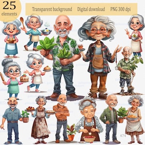 Funny old lady & man clipart PNG: man - loves to work with his plants, woman - loves to bake and cook, cute cartoon elder people grandparent