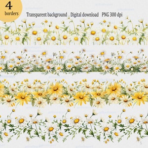 Floral nahtlose Rand Cliparts PNG, Aquarell Blumenrahmen Gänseblümchen Girlande Kamille Sublimation Design Hochzeit Einladungskarte Brautdekor