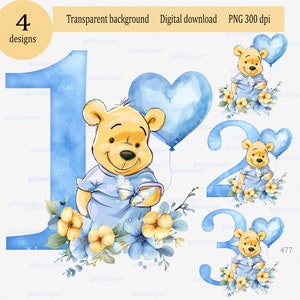 Aniversário do Ursinho Pooh PNG: Clipart de sublimação em aquarela para crianças de 1 a 3 anos, design fofo de urso para cartões de filho, neto e sobrinho