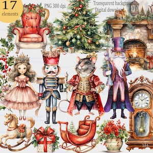 Clipart de Natal de balé de conto de fadas – Tema quebra-nozes, Clara, árvore, relógio, lareira, brinquedos, conjunto de gráficos PNG de inverno aconchegante com 17 imagens