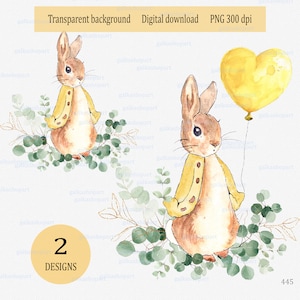 Pierre jaune Peter Rabbit, verdure et graphique en sublimation de ballons, illustration Flopsy Bunny, fête de bébé non sexiste, clipart aquarelle PNG