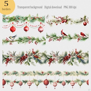 Borde navideño de acuarela PNG: marco de ramas de árbol de Navidad, adornos, pájaros; guirnalda sin costuras; diseño de sublimación de invierno