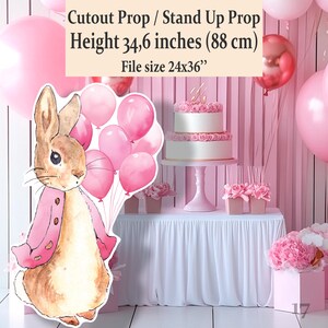 Peter Rabbit para download grande decoração recortada, festa de aniversário de coelho rosa rústico, menina para impressão, suporte para stand up, decoração de estande de quintal