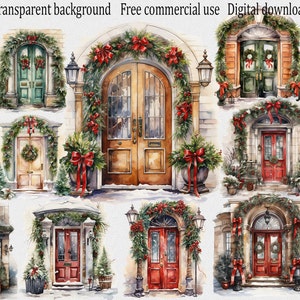 Aquarel kerstdeur clipart: 14 hoogwaardige PNG-bestanden, wintervoordeur met krans, kerstvakantie illustratie, printables decor