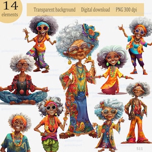Clipart di vecchie signore hippie in formato PNG: donna anziana carina e felice dalla pelle scura, nonna afroamericana in stile boho, regalo romantico per la nonna in stile boho.