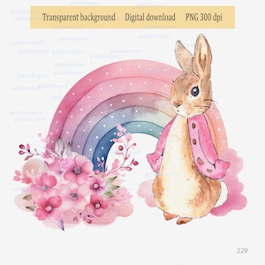 Flopsie Bunny mit Regenbogen Clipart PNG: Blumen Sublimationsgrafiken, Peter Rabbit in rosa Design, Baby Girl Party, Aquarell Greenery