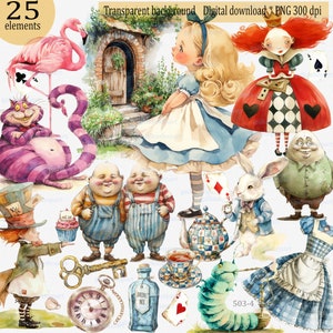 Alice in Wonderland Character PNG Clipart: Watercolor Mad Hatter, White Rabbit, Tea Party, Queen of Hearts, Caterpillar, Cheshire Cat etc