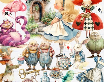 不思議の国のアリスのキャラクターPNGクリップアート：水彩画、マッドハッター、白ウサギ、ティーパーティー、ハートの女王、毛虫、チェシャ猫