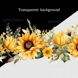 K&ouml;nnte beinhalten: Eine Aquarell-Illustration eines Randes aus Sonnenblumen und Gr&uuml;n. Die Sonnenblumen sind gelb mit braunen Zentren und das Gr&uuml;n ist eine Mischung aus gr&uuml;nen Bl&auml;ttern und Stielen.