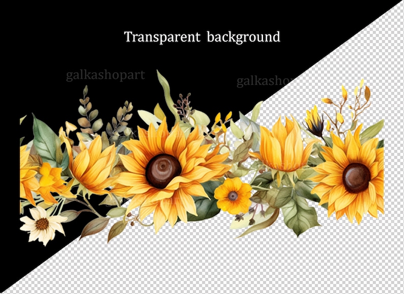 K&ouml;nnte beinhalten: Eine Aquarell-Illustration eines Randes aus Sonnenblumen und Gr&uuml;n. Die Sonnenblumen sind gelb mit braunen Zentren und das Gr&uuml;n ist eine Mischung aus gr&uuml;nen Bl&auml;ttern und Stielen.