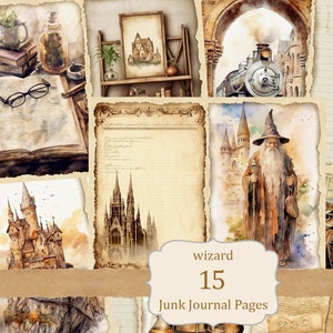 Wizarding School Junk Journal Kit, 15 Printable Pages Of Magic, Wizard Digital Paper, Watercolor Collage Sheets, 30 vintage illustration