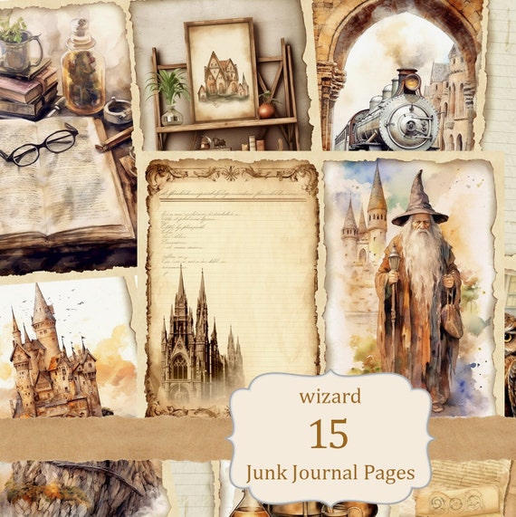 Wizarding School Junk Journal Kit, 15 Printable Pages Of Magic, Wizard Digital Paper, Watercolor Collage Sheets, 30 vintage illustration