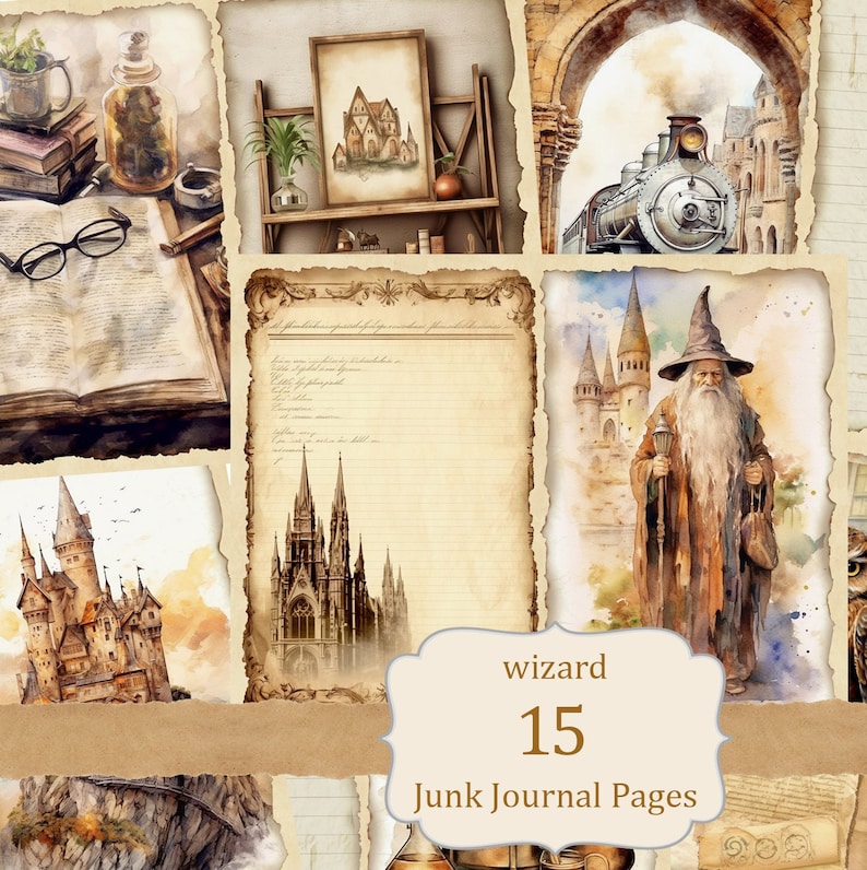 May include: A set of 15 printable junk journal pages with a wizard theme. The pages feature watercolor illustrations of castles, a wizard, a train, and a book. The pages are designed to be printed and used in a junk journal.