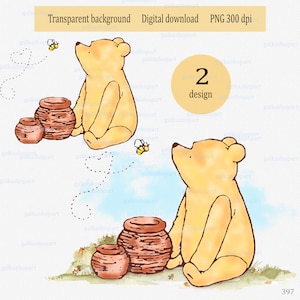 Diseño clásico de sublimación de Winnie the Pooh: oso con tarro de miel y abeja, decoración para baby shower y cumpleaños, clipart PNG de acuarela, diseño de transferencia