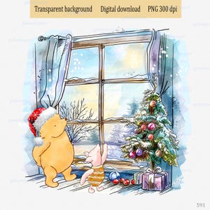 El clásico Winnie the Pooh y Piglet de pie cerca de una acogedora ventana navideña con un árbol decorado y un oso con gorro de Papá Noel. Diseño PNG de acuarela.