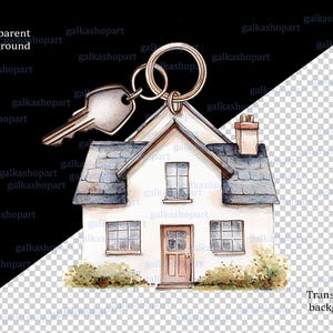 May include: A watercolor illustration of a small white house with a gray roof and a key attached to the roof. The house has two windows and a door. The key is gold and has a brown handle.