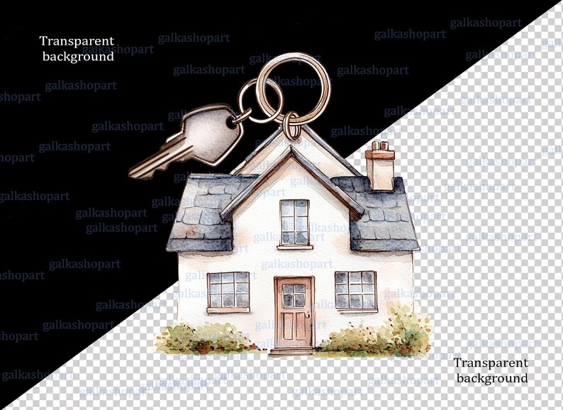 May include: A watercolor illustration of a small white house with a gray roof and a key attached to the roof. The house has two windows and a door. The key is gold and has a brown handle.