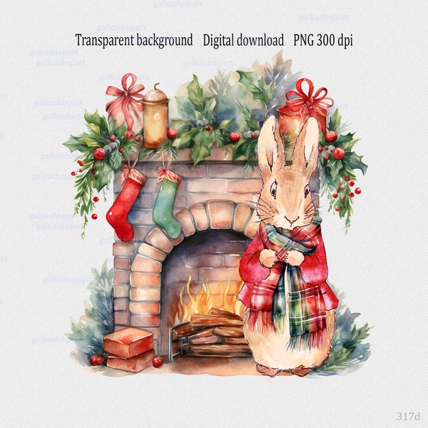 Christmas Peter Rabbit in plaid scarf near fireplace sublimation design PNG: Watercolor Xmas Red Clipart, Winter Print for baby clothes
