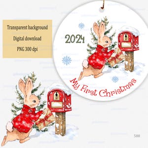 Acuarela Navidad Peter Rabbit en escena nevada de invierno PNG clipart: Conejito Flopsy con sobre de carta cerca del buzón, diseño de Baby First Christmas