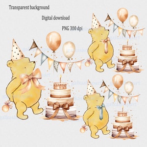 Diseño de sublimación clásico de Winnie the Pooh, decoración para baby shower y cumpleaños, clipart de acuarela PNG, oso con pastel, diseño de transferencia de camiseta