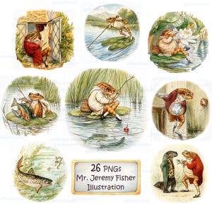 Peut inclure: Ensemble de 26 illustrations PNG de Mr. Jeremy Fisher. Les images présentent une grenouille dans diverses scènes, notamment la pêche, la lecture et les interactions avec d'autres personnages. Les illustrations ont un style vintage, de livre d'histoires.