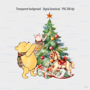 Diseño de sublimación PNG de Winnie the Pooh y Piglet clásicos con árbol de Navidad y caballo mecedor: Clipart de acuarela de oso y cerdo con bufanda a cuadros