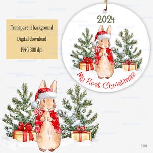 Aquarelle de Noël Pierre lapin en hiver scène enneigée PNG clipart : Flopsy Bunny avec coffrets cadeaux et sapin, conception Baby First Xmas