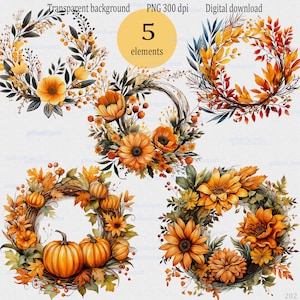 Clipart couronnes aquarelle automne automne : clipart PNG rustique des bois, compositions florales, cadre citrouille, faire-part de mariage floral bricolage
