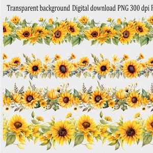 Clipart de borda de girassóis; Moldura floral PNG; Guirlanda de flores em aquarela; Design de sublimação sem costura; ilustração digital rústica para imprimir