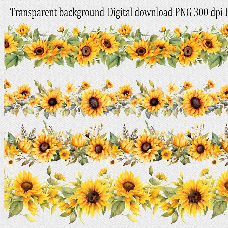 K&ouml;nnte beinhalten: Vier nahtlose digitale Aquarell-Sonnenblumen-R&auml;nder mit gr&uuml;nen Bl&auml;ttern und kleinen gelben Bl&uuml;ten. Die R&auml;nder sind perfekt, um Ihren Designs einen Hauch von Sommer zu verleihen.