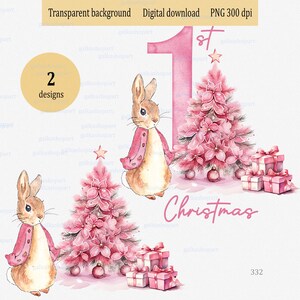 Aquarell rosa Peter Kaninchen Weihnachten Design: Weihnachtsbaum Clipart PNG, Sublimationsdruck, Baby erste Weihnachten, Mädchen-Kinderzimmer-Wandkunst