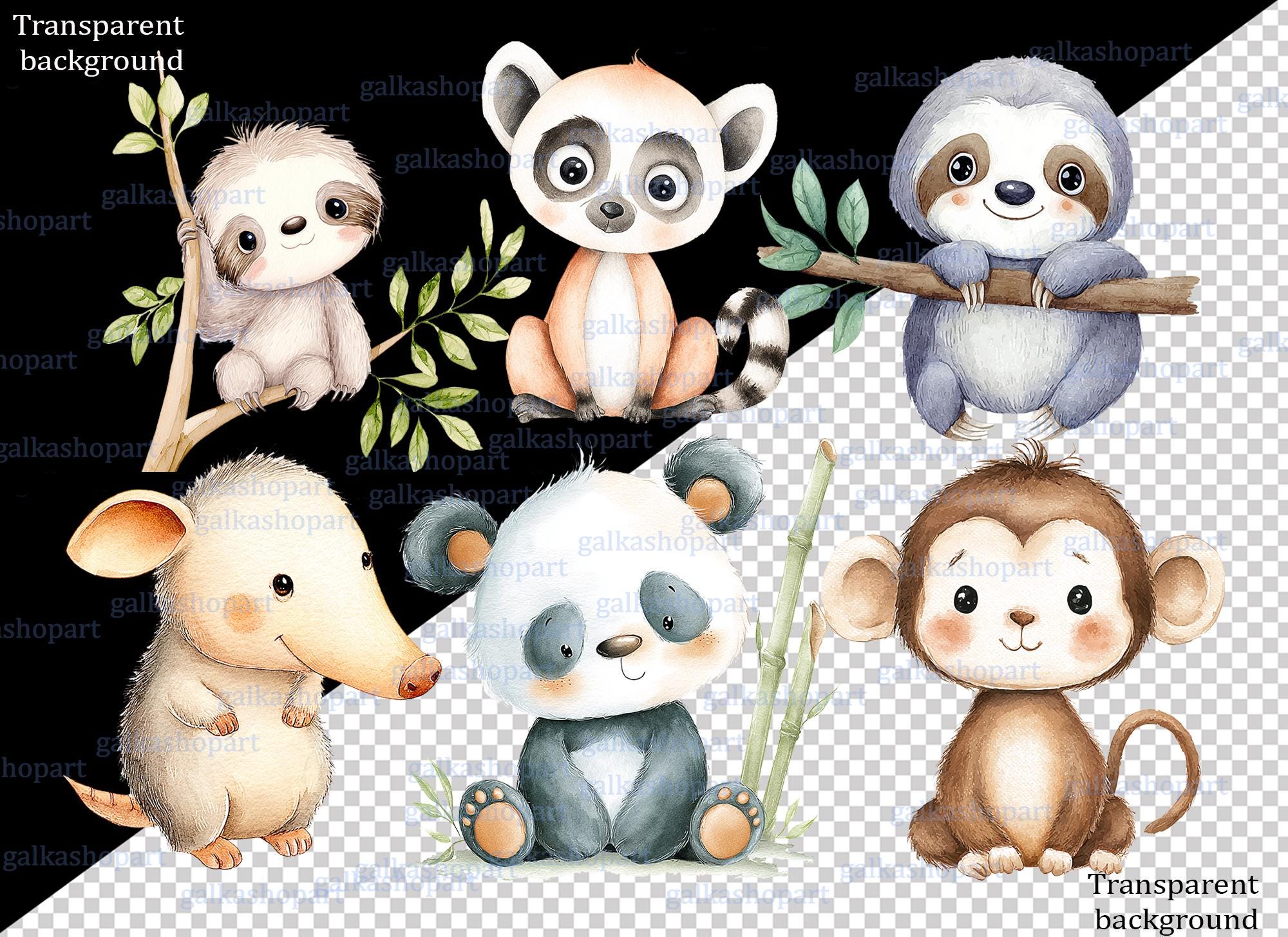 Safari Baby Animals Clipart: Watercolor Jungle Animals PNG Bundle, Lion ...