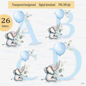 Feuilles d'eucalyptus de bébé éléphant, 26 lettres individuelles, clipart PNG alphabet aquarelle, graphiques d'anniversaire de garçons, monogramme personnalisé