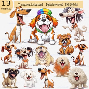 Cheerful cartoon dogs collection of 13: funny puppy clipart, dogs breeds, cute quirky animals, caricature pet, sublimation design