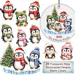 May include: A collection of penguin illustrations featuring various penguins wearing winter hats and scarves, a decorated Christmas tree, and a circular ornament showing a penguin family on ice with the text 202X The Johnson Family.