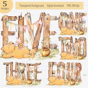 5 images PNG en sublimation pour l'impression : numéros d'anniversaire avec Winnie l'ourson classique et porcelet avec du miel, décoration de fête, clipart aquarelle