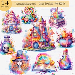 Zestaw akwarelowych clipartów Rainbow Sweet Witch: dom czarownicy, fantastyczne cukierki, ciasta i mikstura, przezroczyste pliki PNG do tworzenia kartek
