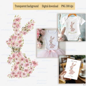 Fleur de Pâques lapin clipart PNG : lapin de printemps, fleurs sauvages aquarelles, sublimation pour carte de voeux sur fond transparent