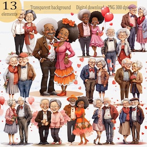 Coppia di anziani carini innamorati Clipart PNG: San Valentino; vecchia signora e uomo asiatici; nonna nonno anziano dalla pelle scura; afroamericani, bianchi